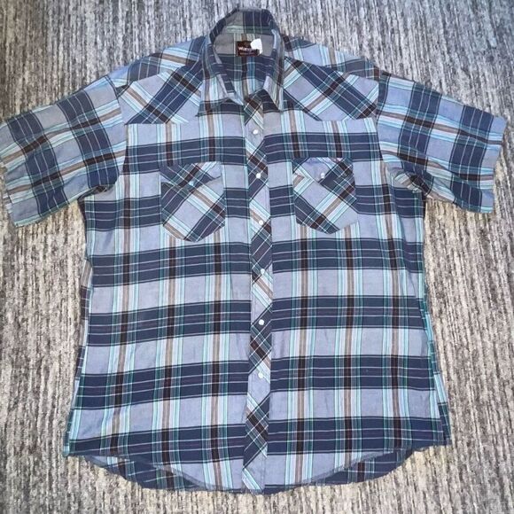 Wrangler Men’s Size XL Plaid Pearl Snap Shirt‎ Blue Multicolor Thin Rockabilly - Picture 1 of 5